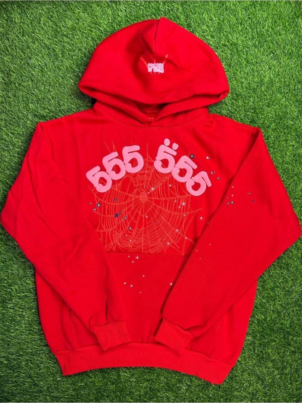 Unisex Red Graphic Sp5er Hoodie Sweatshirt with Spiderweb Print